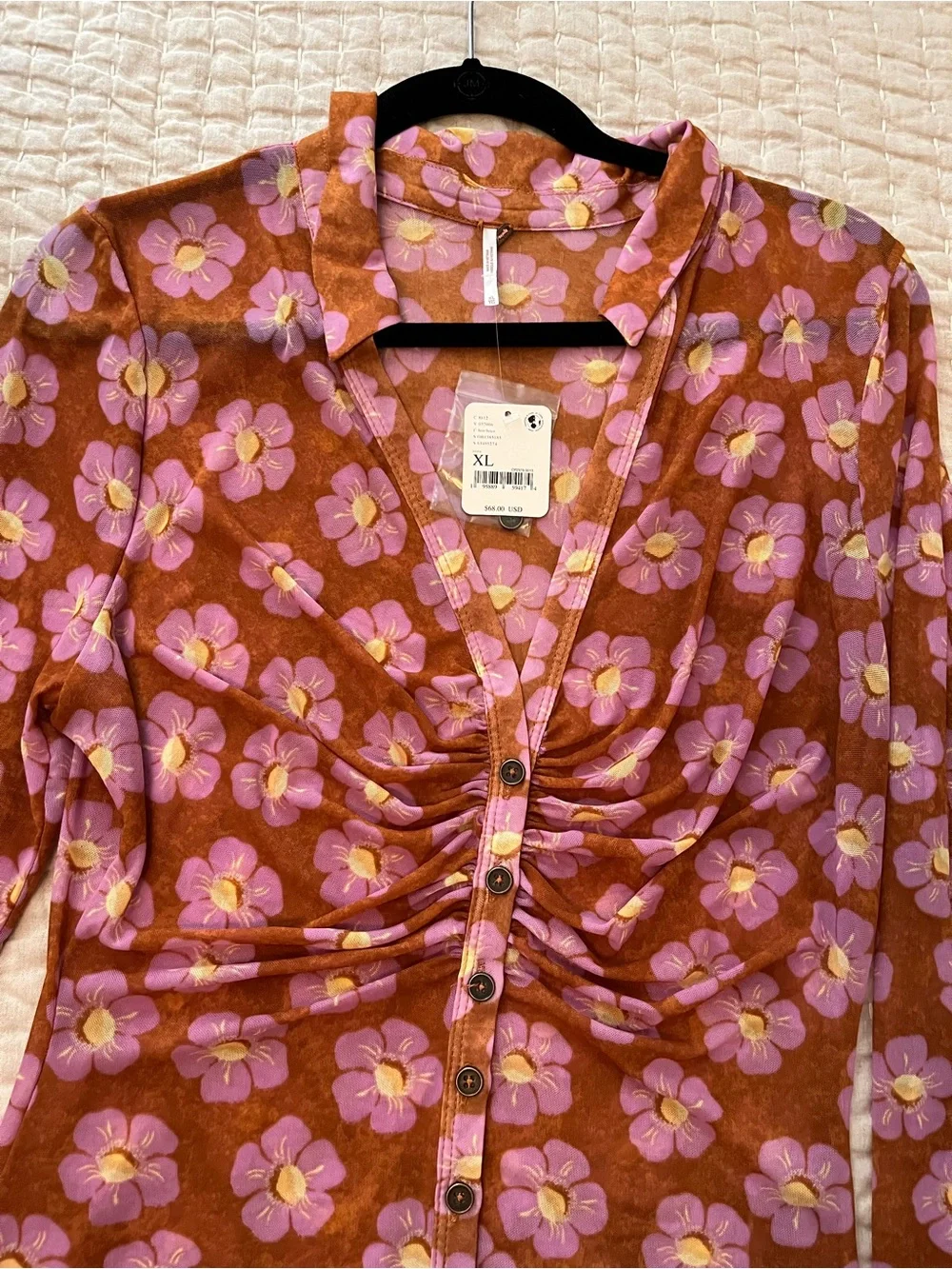 Free People Rust Floral Button-Down Shirt with Pink Flowers